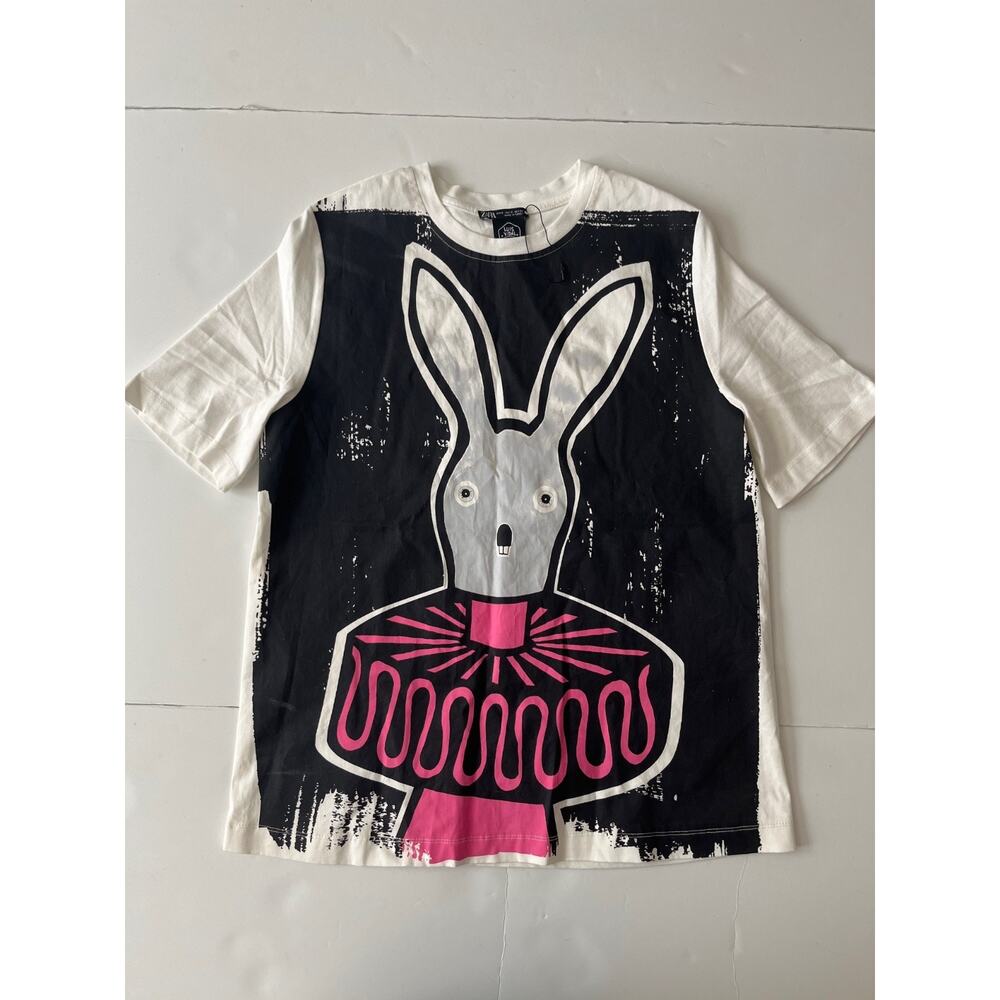 Zara White Black Pink Graphic Bunny Short Sleeve Tee